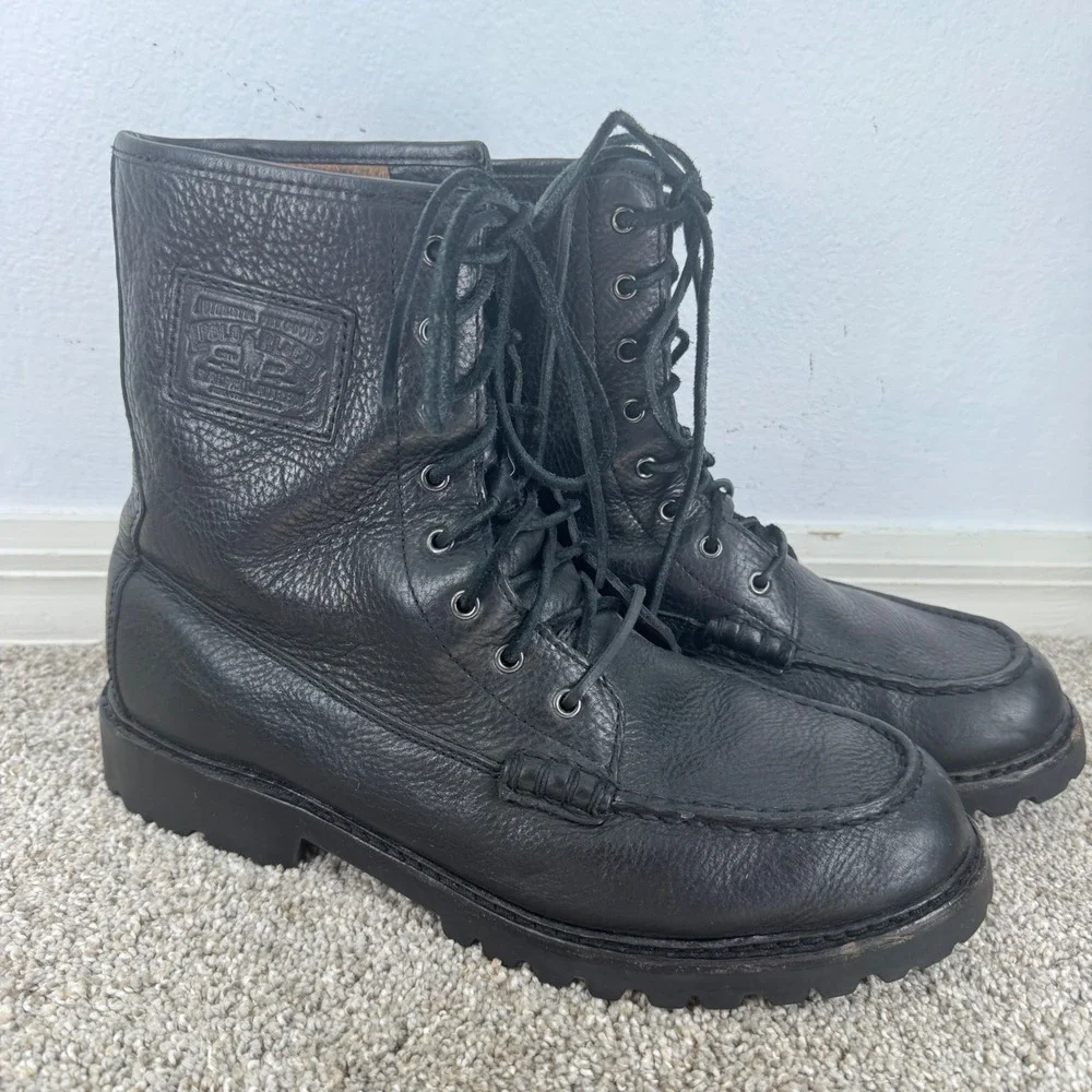 Polo Ralph Lauren Ranger Black Tumbled Leather Moc Toe Lug Sole Boots Mens 10.5D